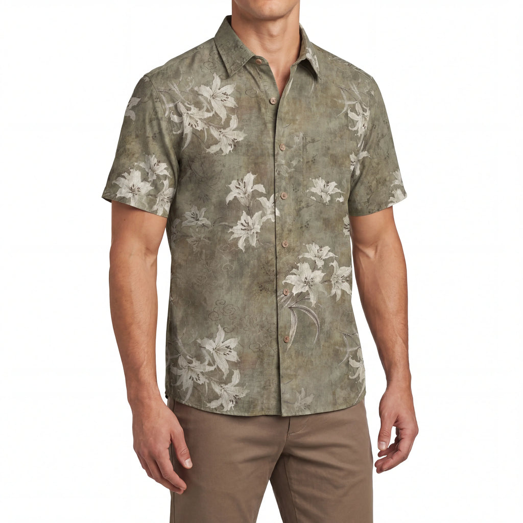 LeosWare® Men's Hawaiian Shirt Short Sleeve Button-up 100% Cotton Brown Aloha Retro Floral Silhouette By Patch