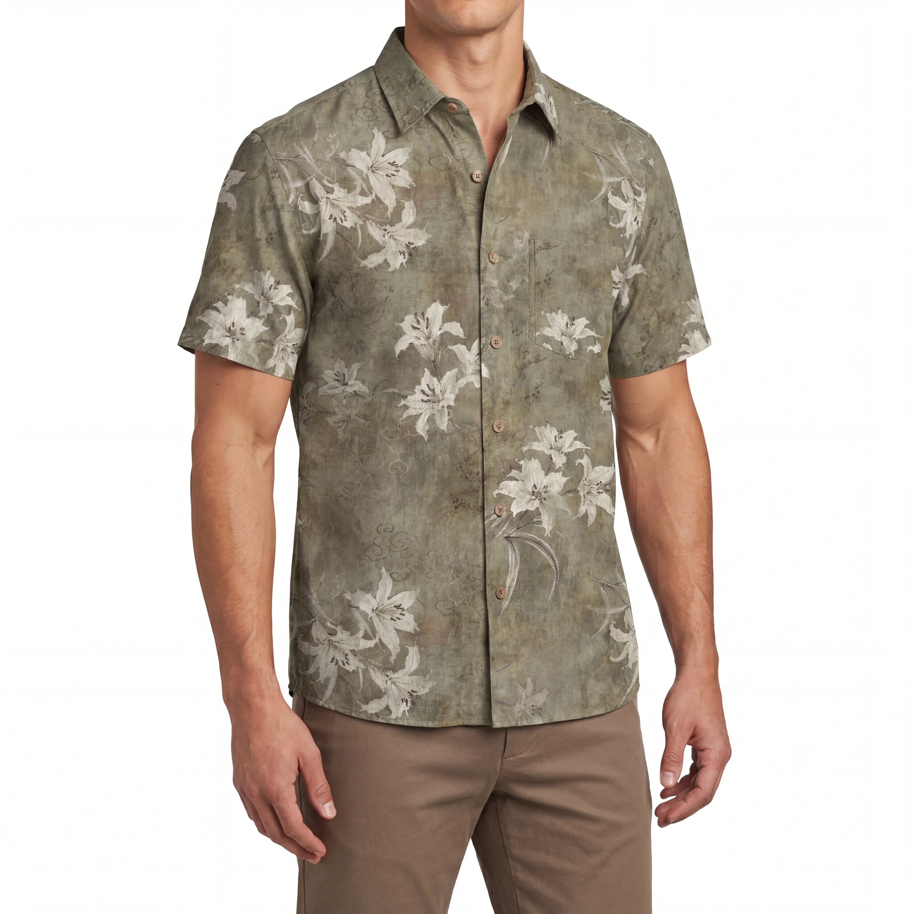 LeosWare® Men's Hawaiian Shirt Short Sleeve Button-up 100% Cotton Brown Aloha Retro Floral Silhouette By Patch