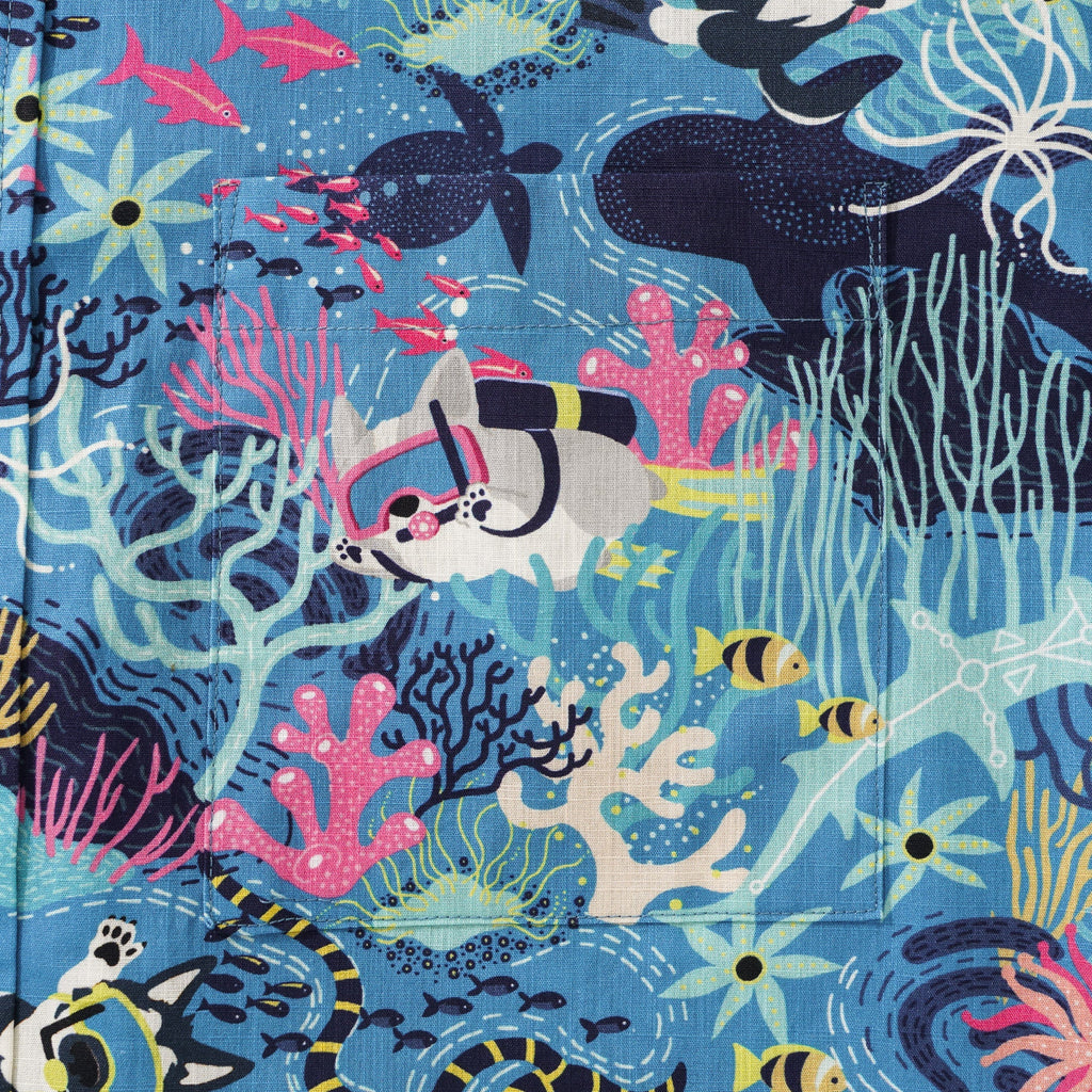 Men's Blue Hawaiian Shirt Fish & Turtle Shirt Short Sleeve Button-down 100% Cotton Blue Aloha Dive Pup By Zeke