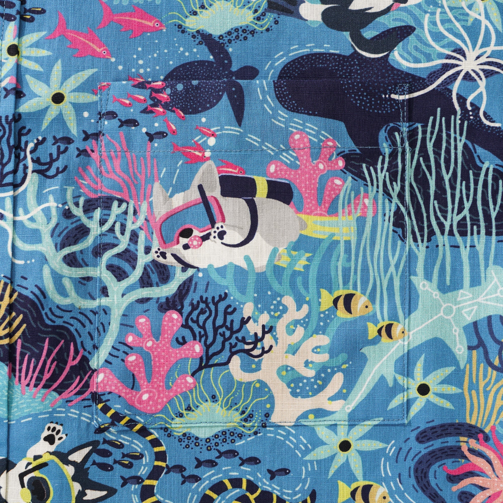 Men's Blue Hawaiian Shirt Fish & Turtle Shirt Short Sleeve Button-down 100% Cotton Blue Aloha Dive Pup By Zeke