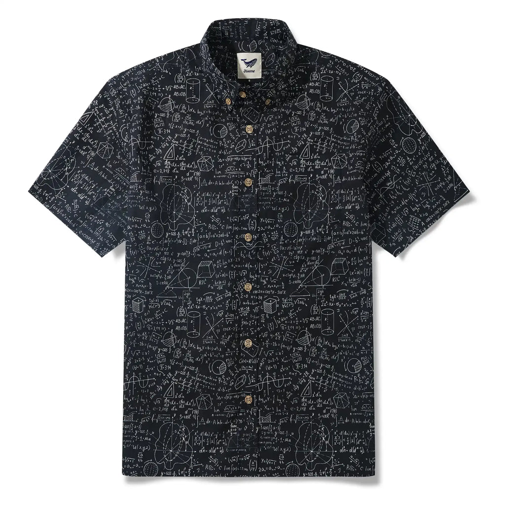 Geek Chic Men's Hawaiian Shirt Short Sleeve Button-down 100% Cotton Black Aloha The Problem Solver Math Formula Physics Equation Science Chalkboard By Yana