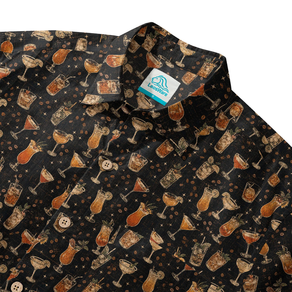 LeosWare® Men's Hawaiian Shirt Short Sleeve Button-up 100% Cotton Black Aloha `old Times Drinks Menu` By Ann