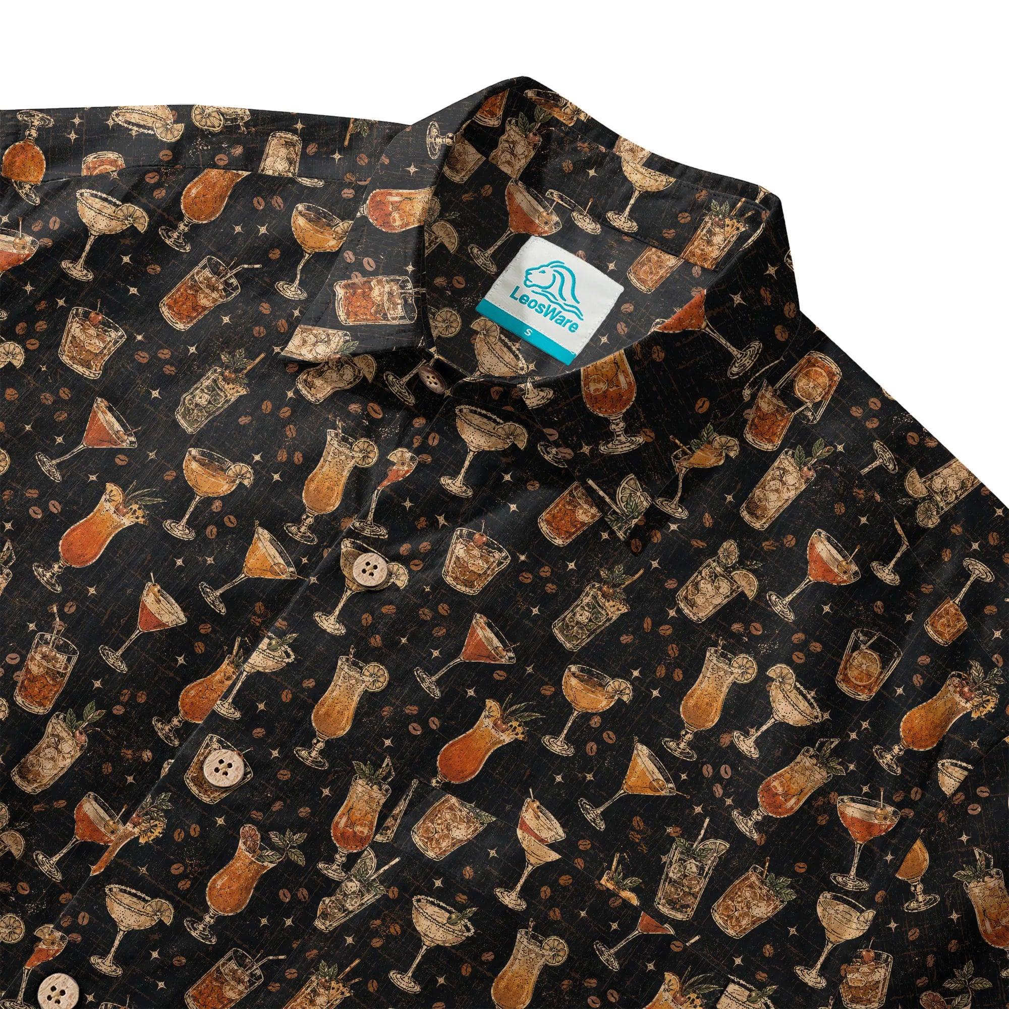 LeosWare® Men's Hawaiian Shirt Short Sleeve Button-up 100% Cotton Black Aloha `old Times Drinks Menu` By Ann