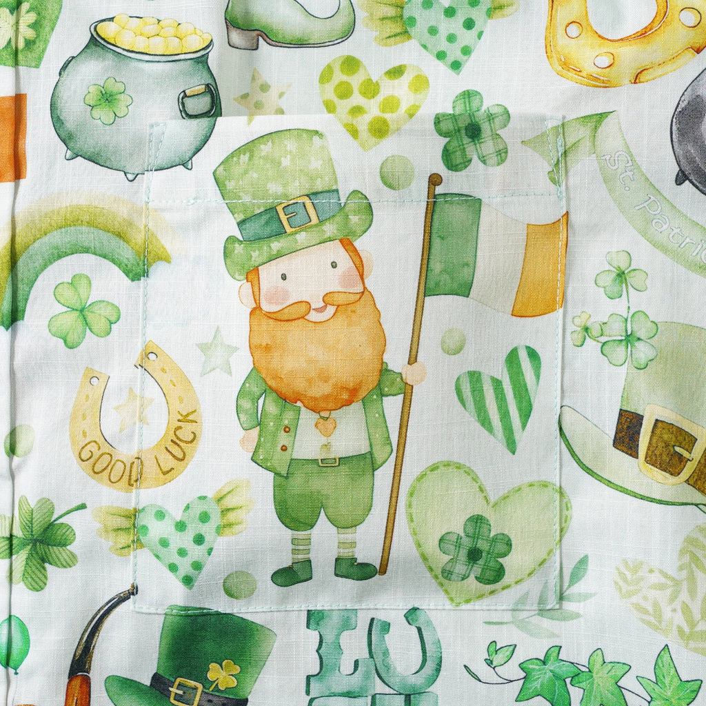 St. Patrick's Day Gift Men's Hawaiian Shirt Short Sleeve Button-down 100% Cotton Green Aloha Irish Elf Fantasia By Yana