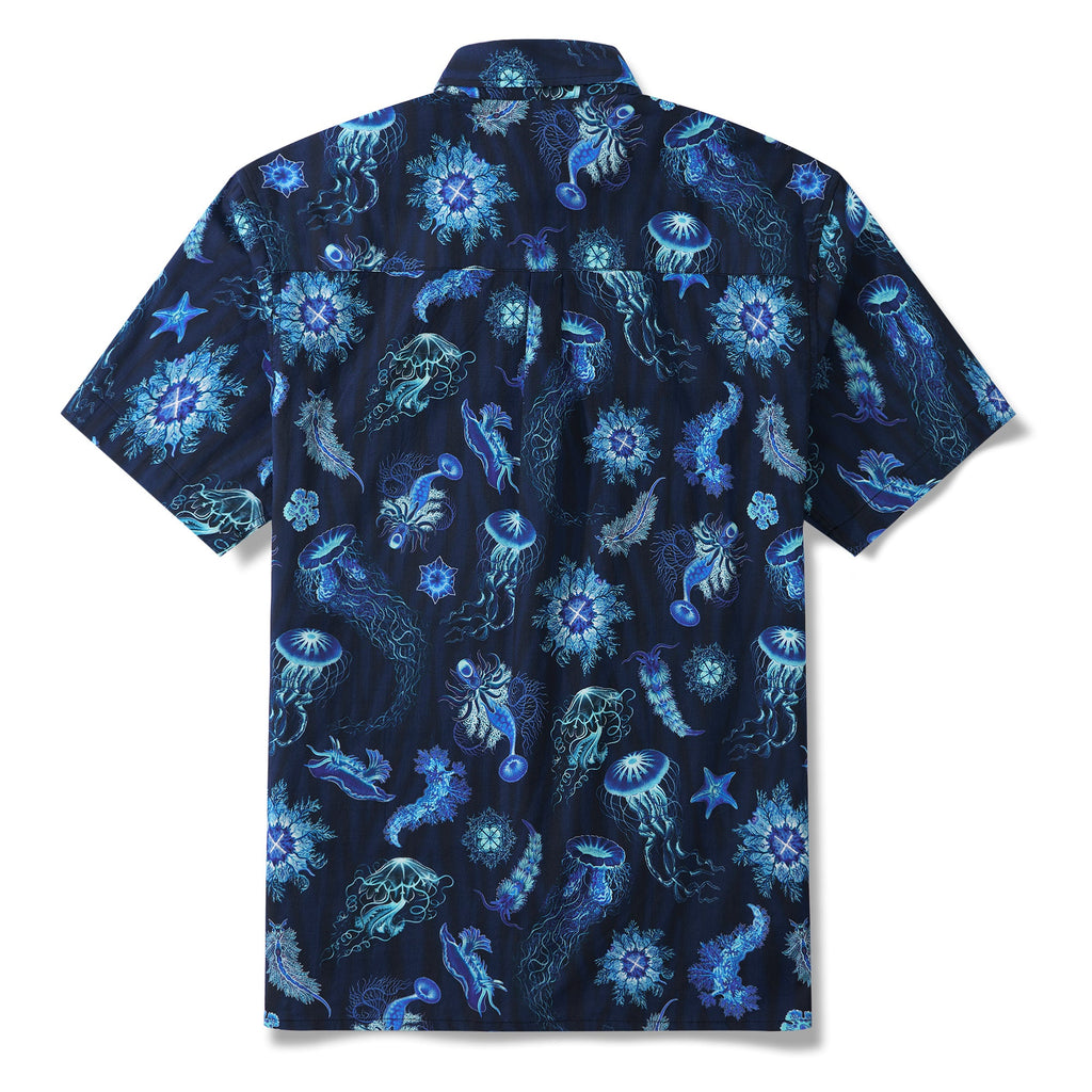 Symphony of the Deep Blue 100% Cotton Men's Short Sleeve Button-down Shirt Blue Aloha Hawaiian By Susie