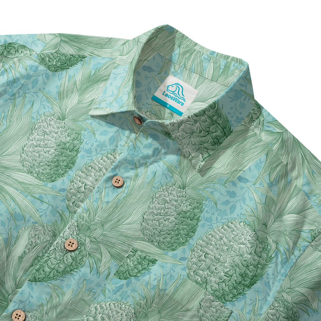 LeosWare® Men's Hawaiian Shirt Short Sleeve Button-up 100% Cotton Green Aloha Mint Green Pineapple Grove By Ann