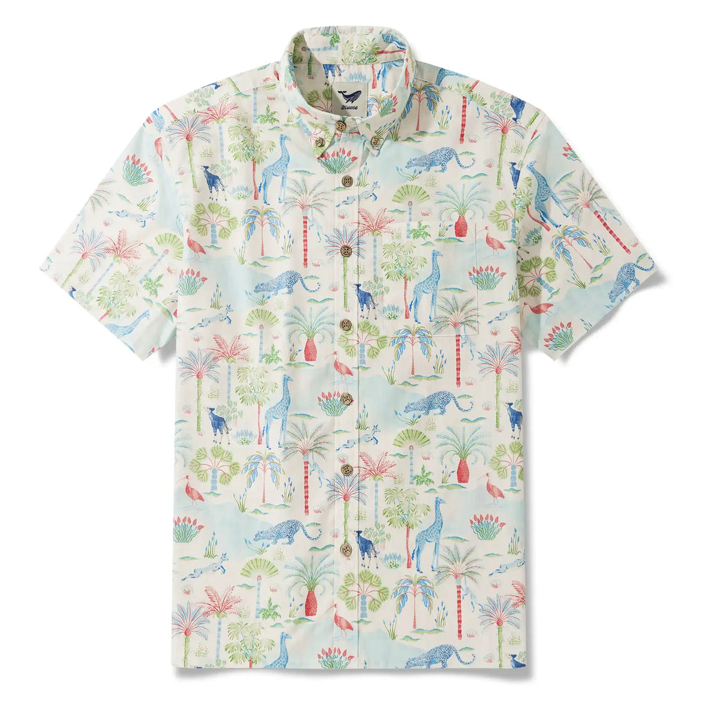 Men's Hawaiian Shirt Short Sleeve Button-down 100% Cotton Beige Aloha Talab Oasis Under The Palm Trees By House of Haricot