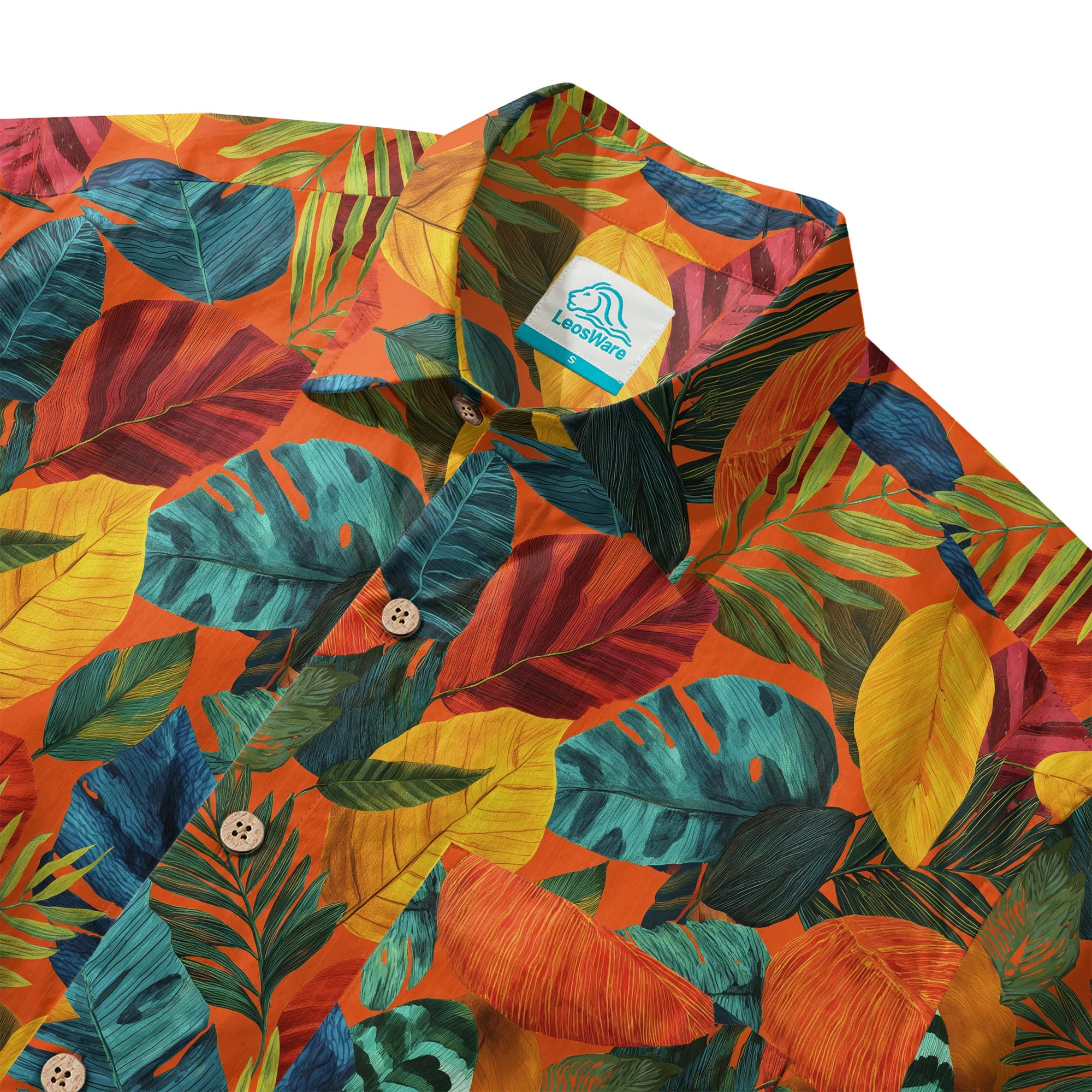 LeosWare® Men's Hawaiian Shirt Short Sleeve Button-up 100% Cotton Orange Aloha Orange Flame Rainforest By Ann