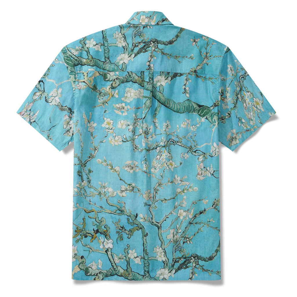 Men's Hawaiian Shirt Short Sleeve Button-down 100% Cotton Green Aloha Blossoming Almond By Sun