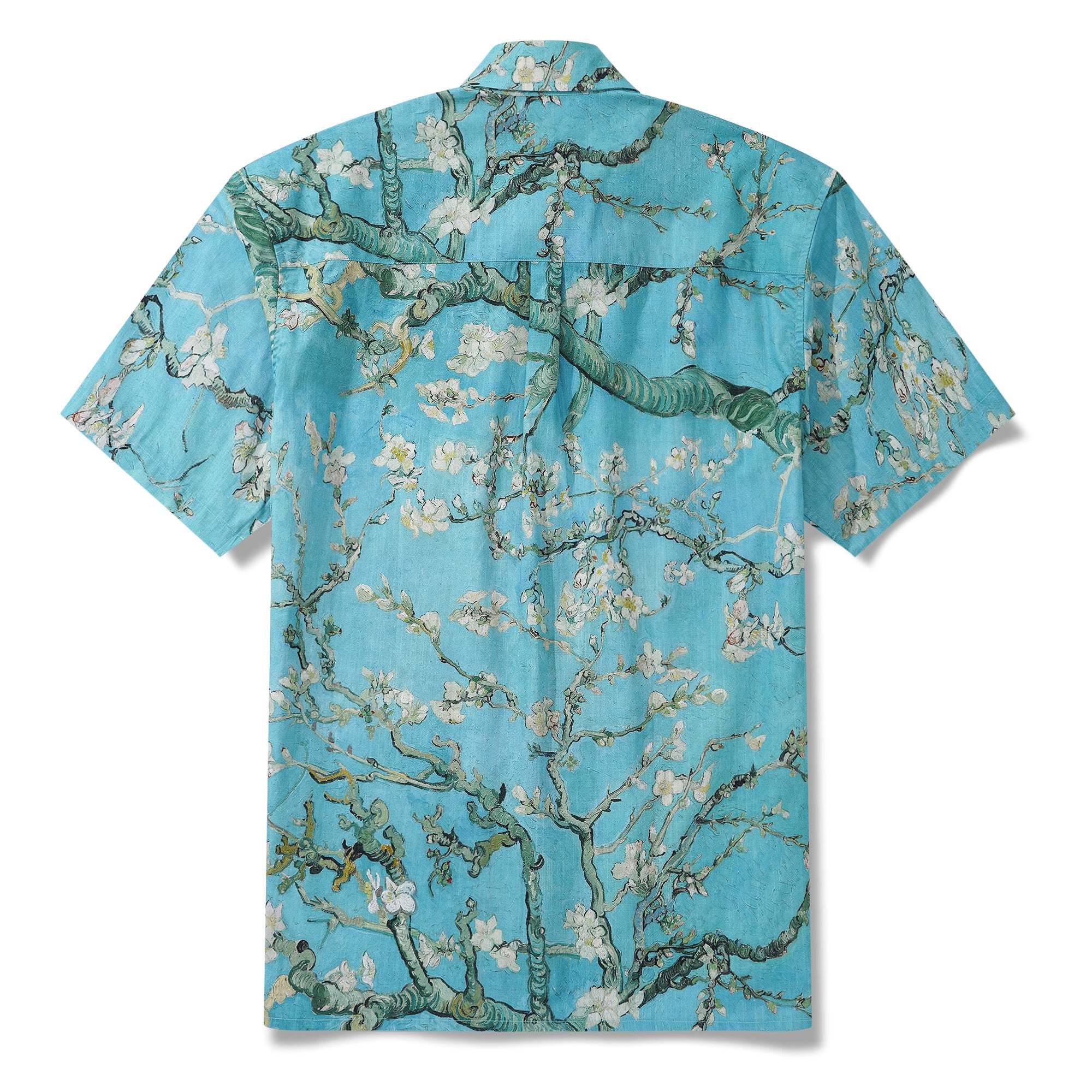 Men's Hawaiian Shirt Short Sleeve Button-down 100% Cotton Green Aloha Blossoming Almond By Sun