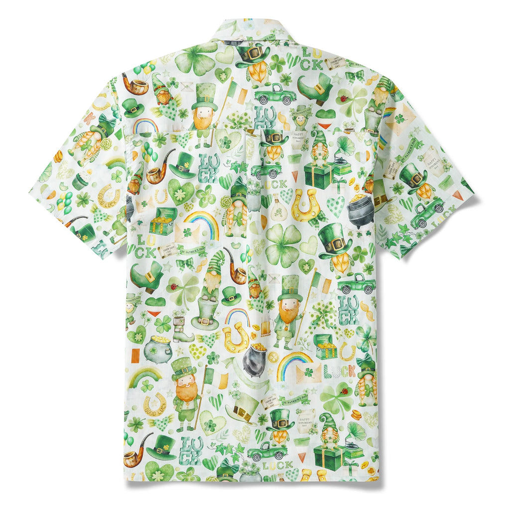 St. Patrick's Day Gift Men's Hawaiian Shirt Short Sleeve Button-down 100% Cotton Green Aloha Irish Elf Fantasia By Yana