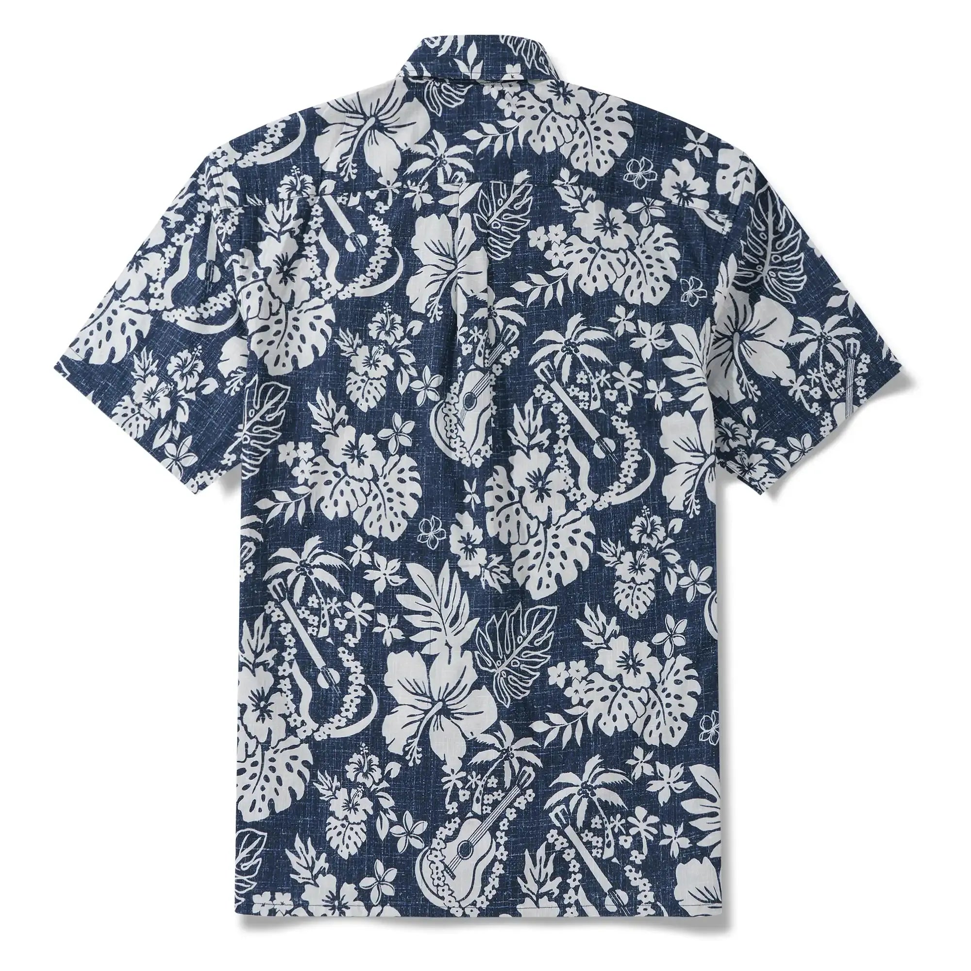 Men's Hawaiian Shirt Short Sleeve Button-down 100% Cotton Blue Aloha Island Ukulele By DUDU