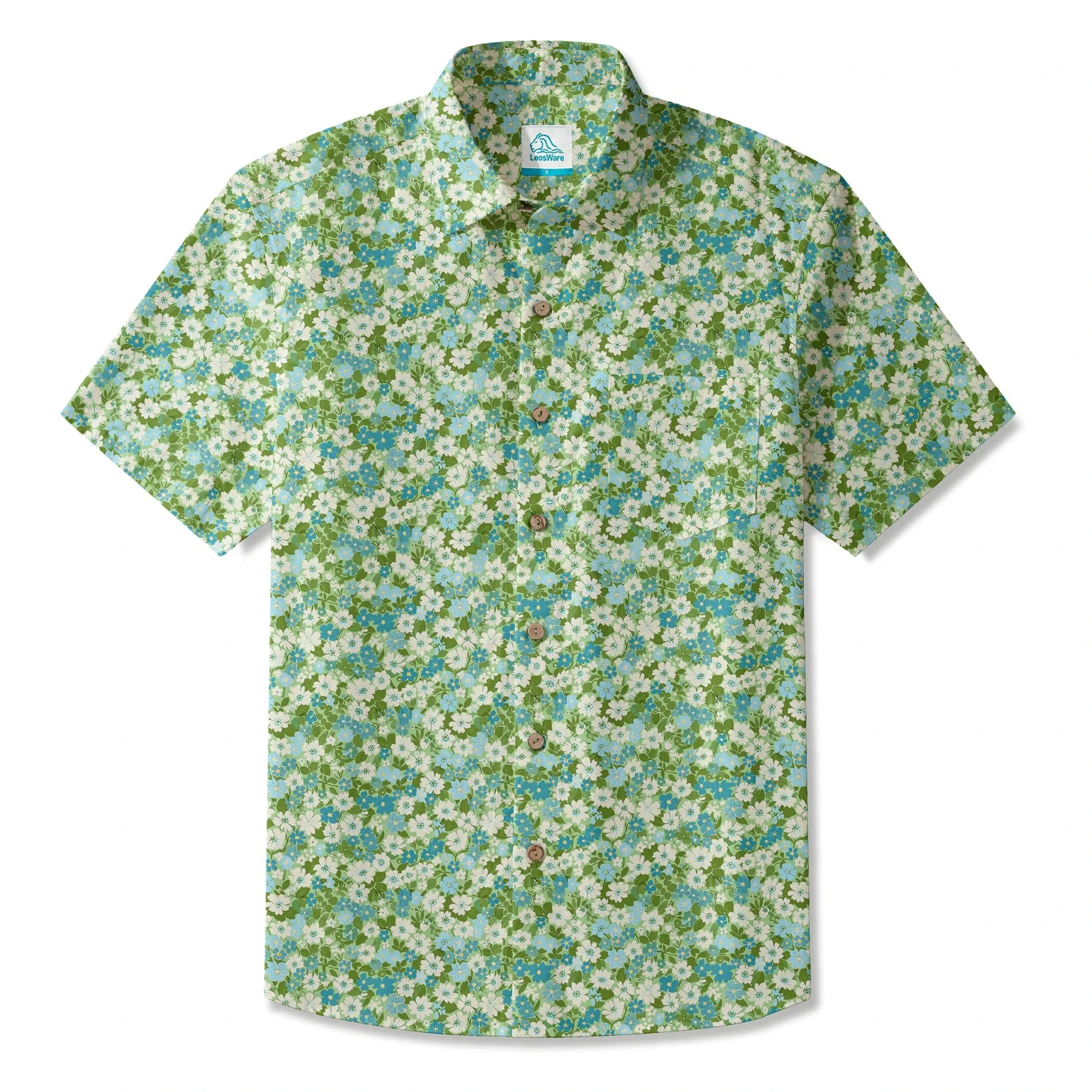 LeosWare® Flower Men's Hawaiian Shirt Short Sleeve Button-up 100% Cotton Green Aloha Fresh Blooms By Ann