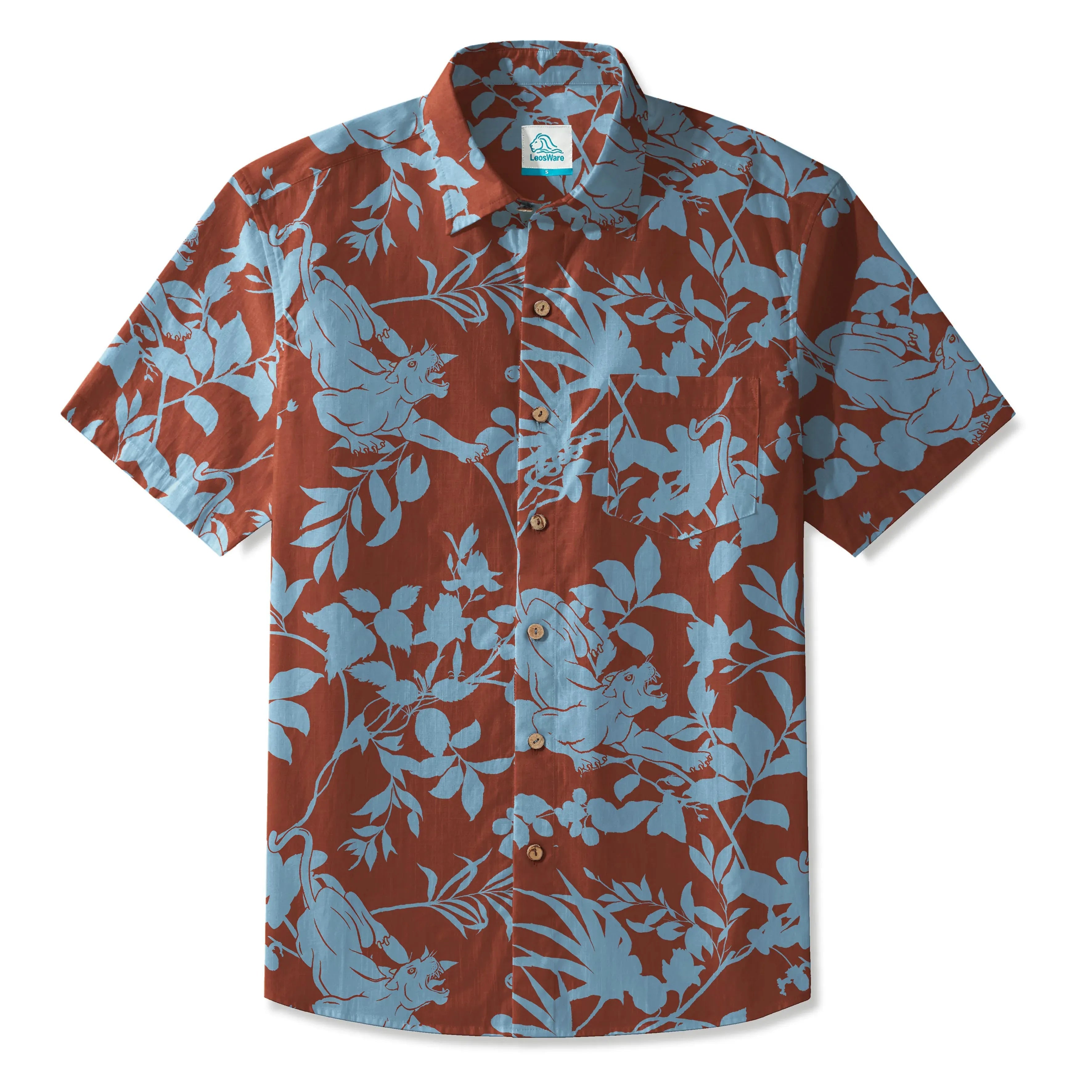 Chemise Hawaïenne pour Homme LeosWare® à Manches Courtes Boutonnée 100 % Coton bleue Aloha Jungle Feline Fantasy par Huan huan