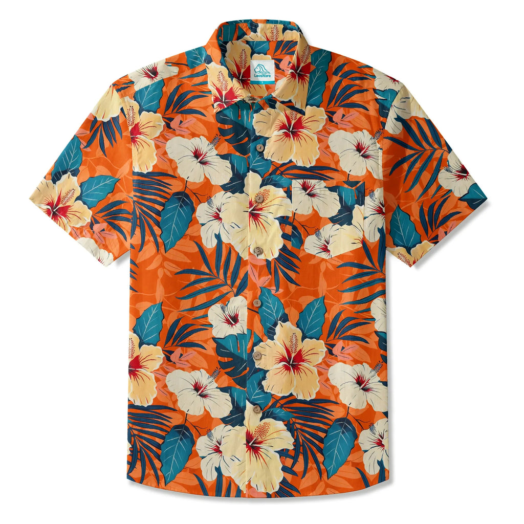 LeosWare® Men's Hawaiian Shirt Short Sleeve Button-up 100% Cotton Orange Aloha Blooming Orange Hibiscus By Ann