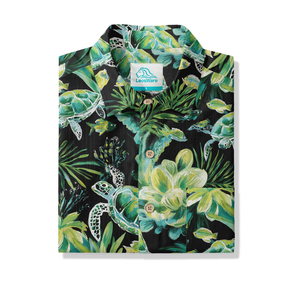 LeosWare® Men's Hawaiian Shirt Short Sleeve Button-up 100% Cotton Green Aloha Deep Sea Green Reflection By Ann