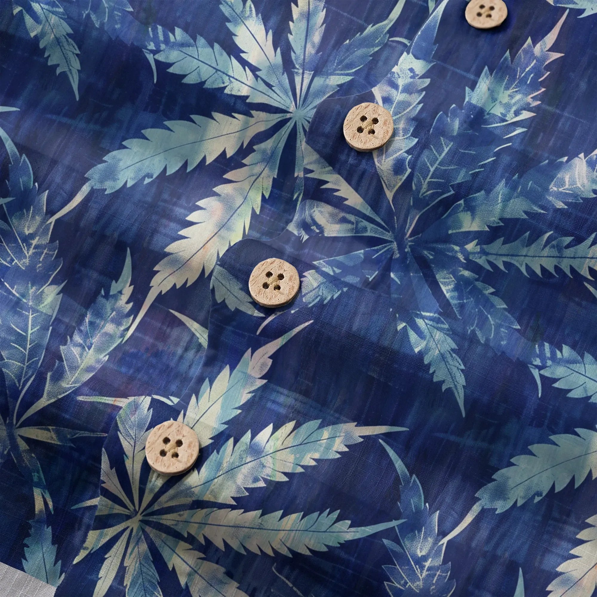 LeosWare® Leaf Men's Hawaiian Shirt Short Sleeve Button-up 100% Cotton Blue Aloha Indigo Dyed Leaves By Ann
