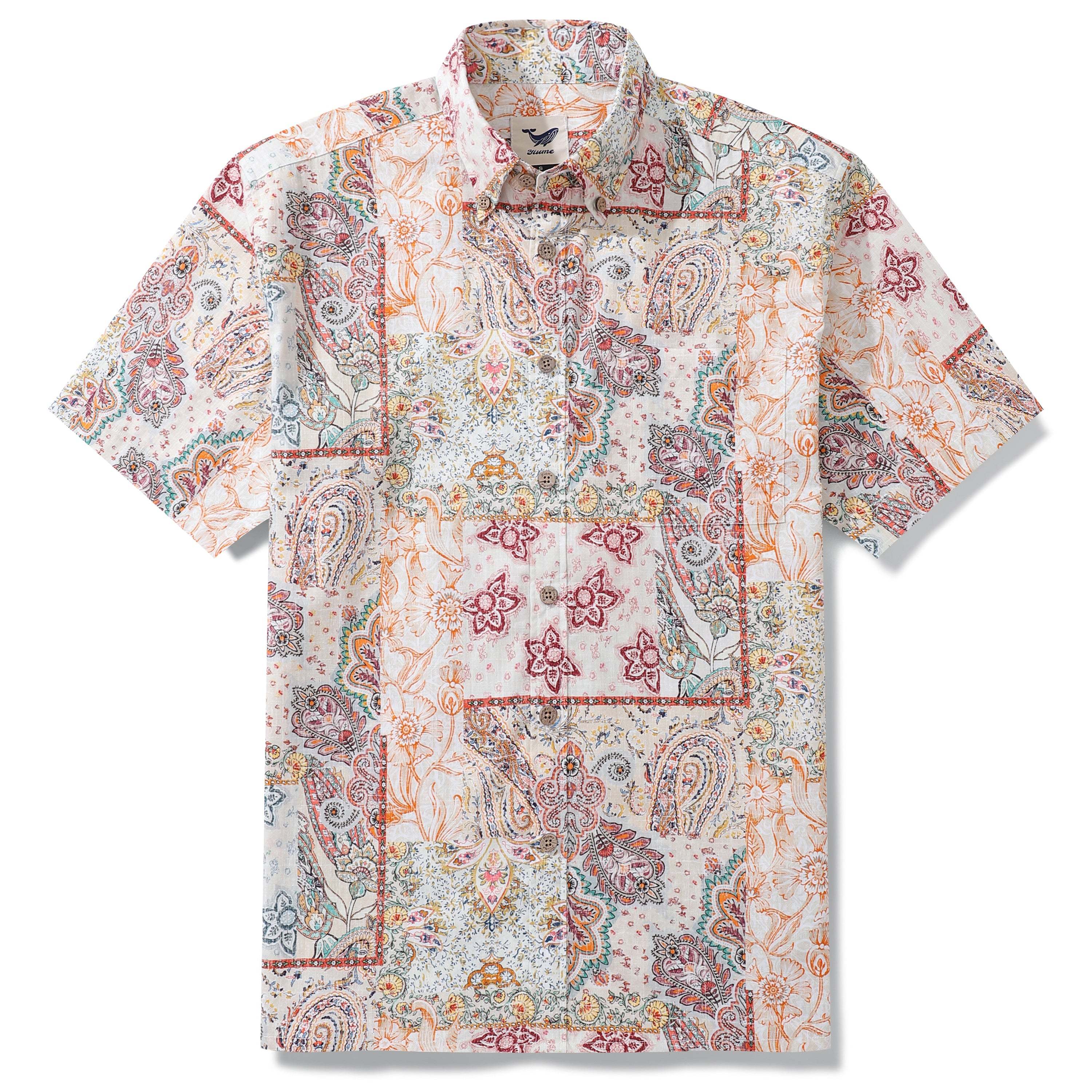 1950s Hawaiian Shirt For Men Poetic Patchwork Button-down Shirt Short Sleeve 100% Cotton Aloha Shirt By Yeti