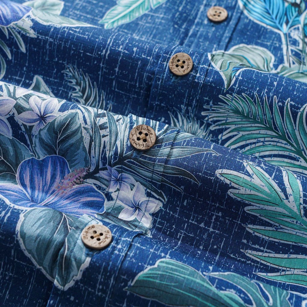Men's Hawaiian Shirt Short Sleeve Button-down 100% Cotton Green Aloha Tranquil Blue Blossoms By Yakima