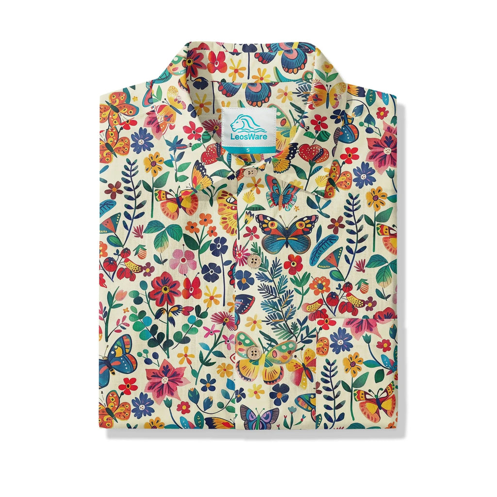 Chemise hawaïenne pour hommes LeosWare® à manches courtes avec boutons 100 % coton beige Aloha Butterflies Whispers In Full Bloom par Ann