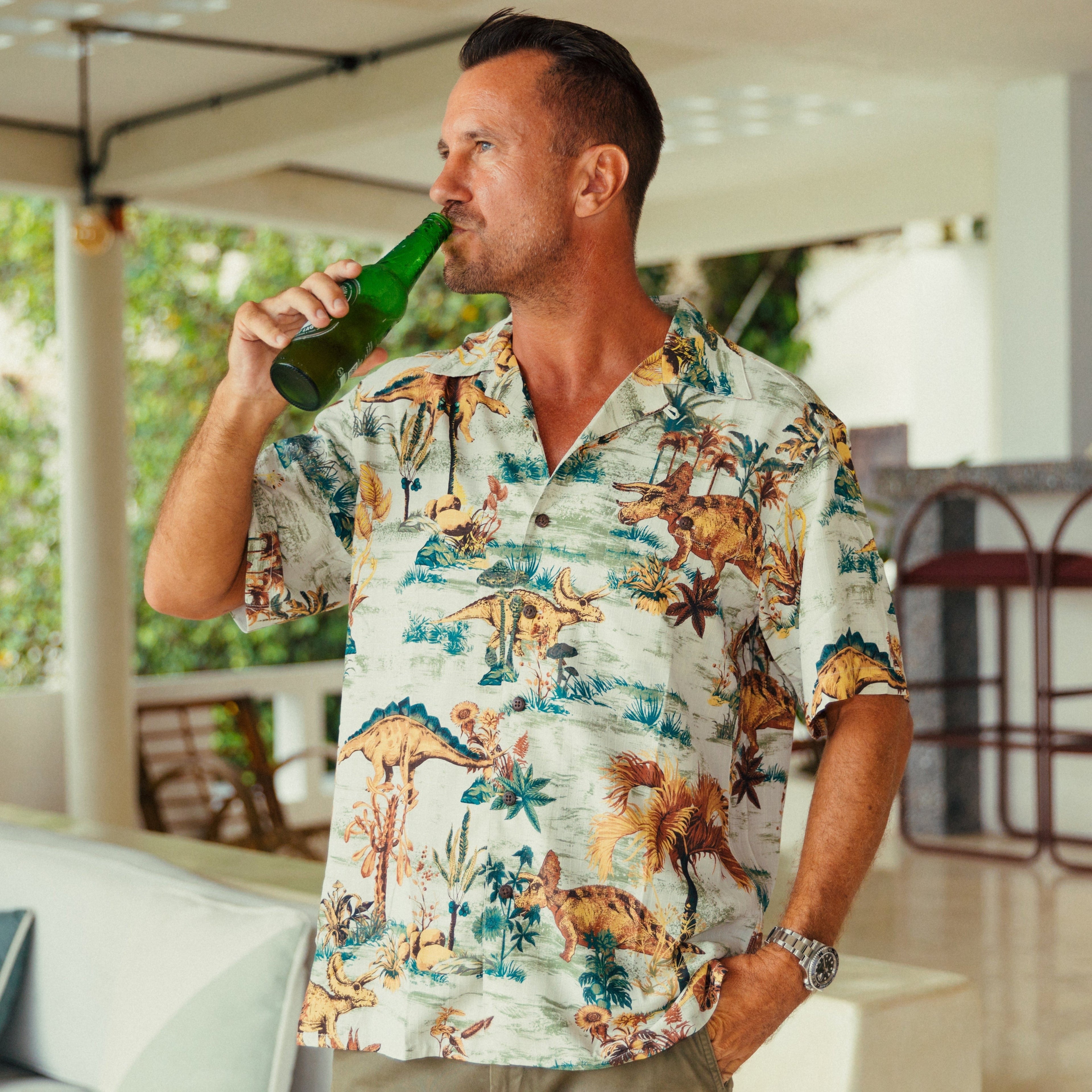 100% Silk Men's Dinosaur Shirts With Camp Collar Jurassic Dinos Park Luxurious By Sylvia