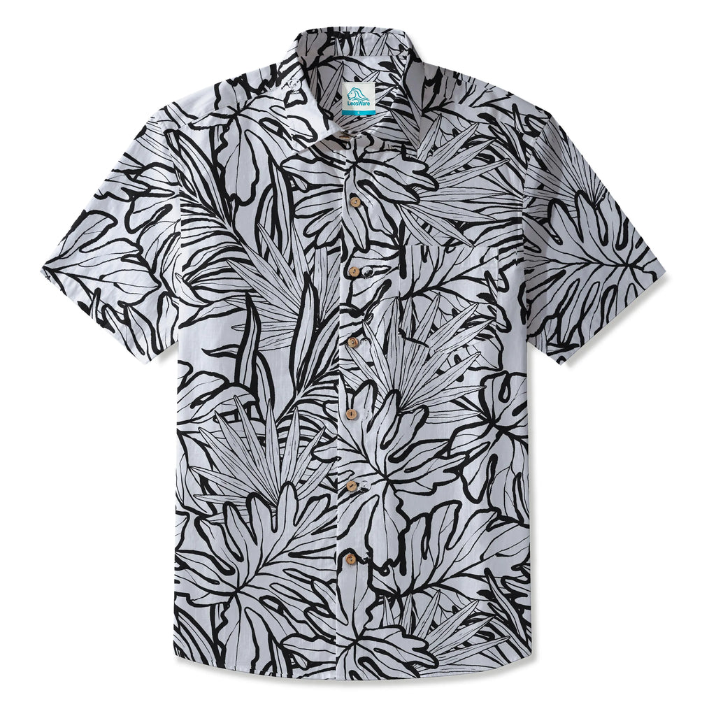 LeosWare® Men's Hawaiian Shirt Short Sleeve Button-up 100% Cotton Black Aloha Tropical Leaf Rhythm By Huan huan