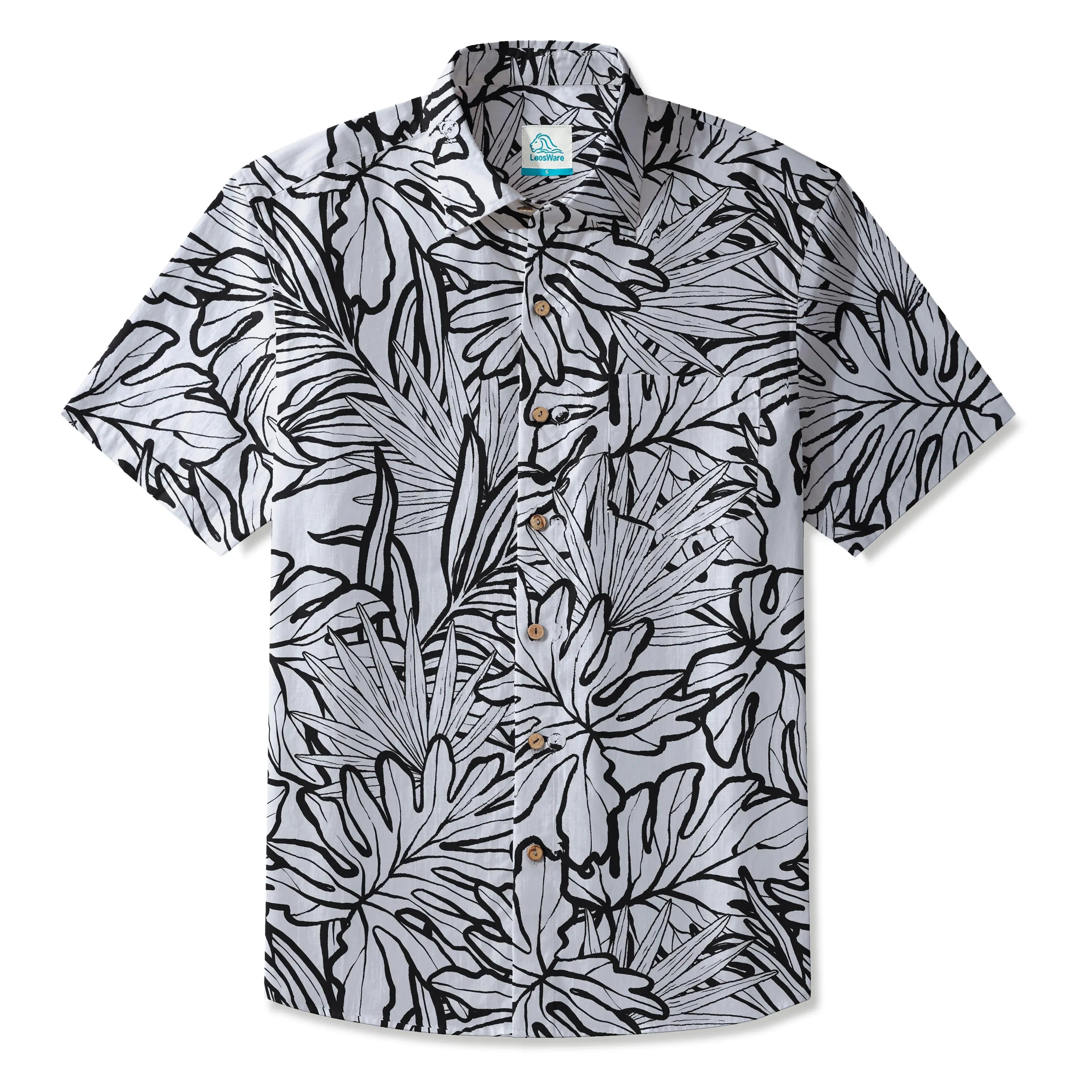 LeosWare® Men's Hawaiian Shirt Short Sleeve Button-up 100% Cotton Black Aloha Tropical Leaf Rhythm By Huan huan