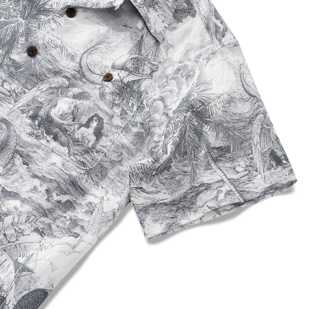 Men's Hawaiian Shirt Short Sleeve Camp Collar 100% Cotton Gray Aloha Ocean Spirit By Zeke