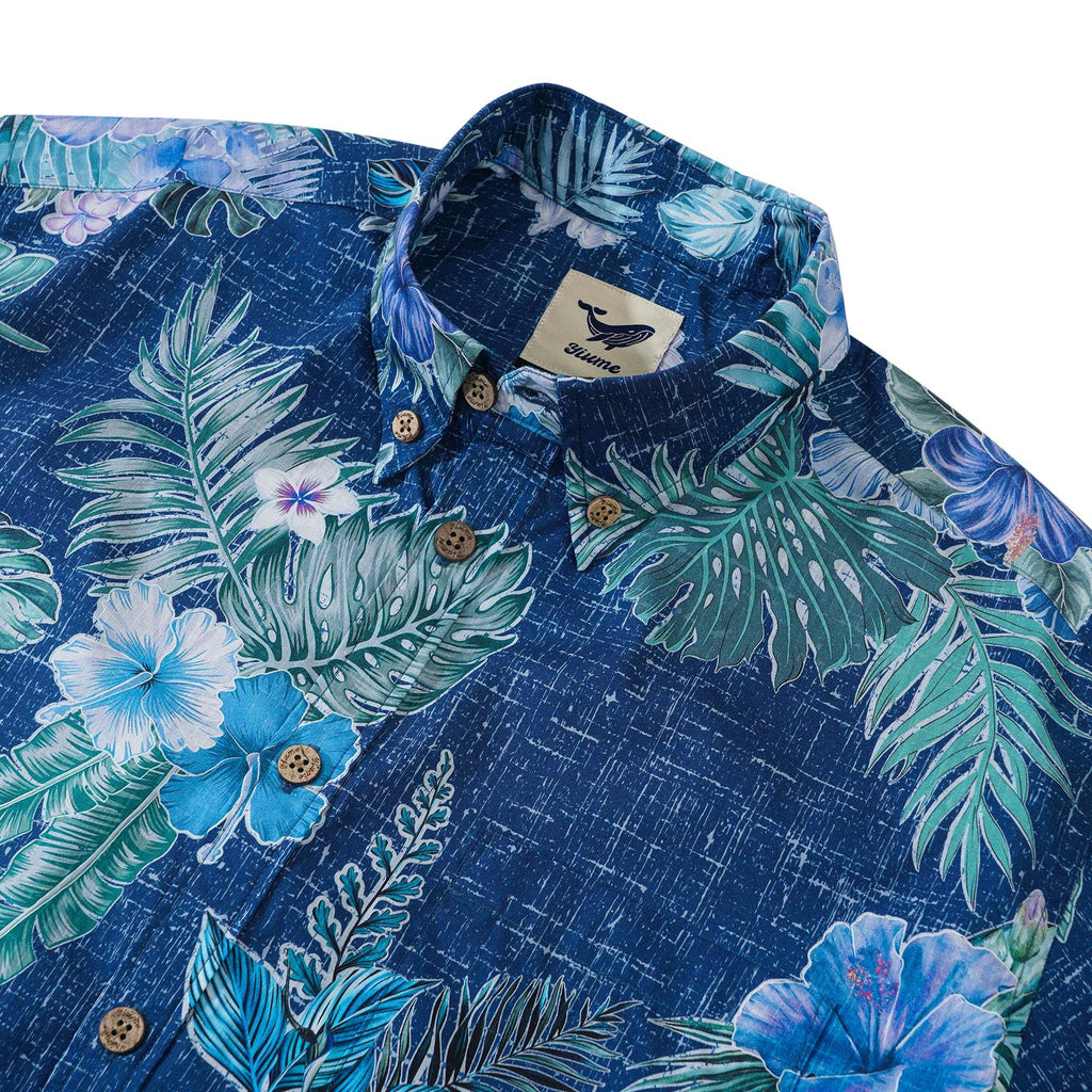 Men's Hawaiian Shirt Short Sleeve Button-down 100% Cotton Green Aloha Tranquil Blue Blossoms By Yakima