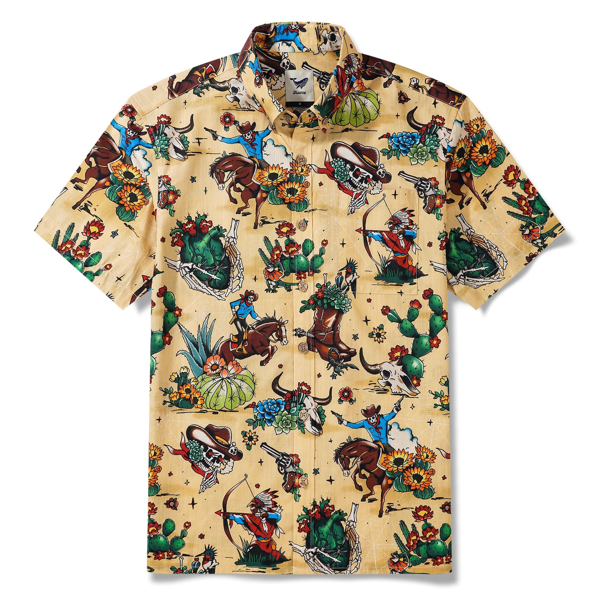 Western Cowboy Hawaiian Shirt For Men Short Sleeve Button-down 100% Cotton Desert Skull Shirt By Zeke