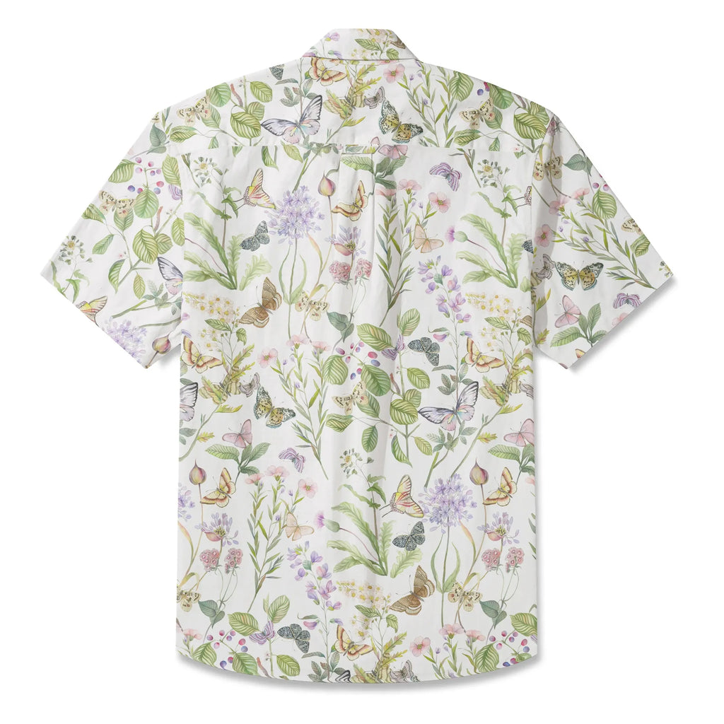 LeosWare® Men's Hawaiian Shirt Short Sleeve Button-up 100% Cotton Green Aloha Butterfly And Floral Fantasy By Huan huan