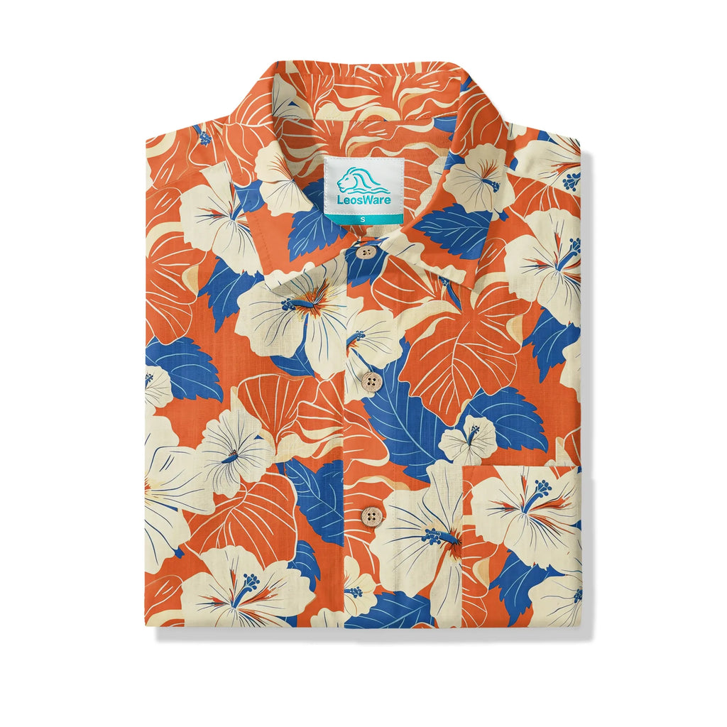 LeosWare® Men's Hawaiian Shirt Short Sleeve Button-up 100% Cotton Orange Aloha Orange Blue Hibiscus Whispers By Ann