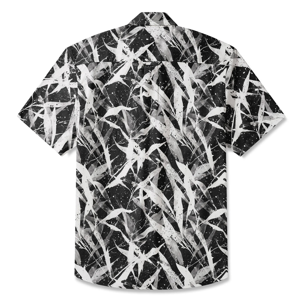 LeosWare® Men's Hawaiian Shirt Short Sleeve Button-up 100% Cotton Black Aloha Snow Falling Among The Bamboo By Ann
