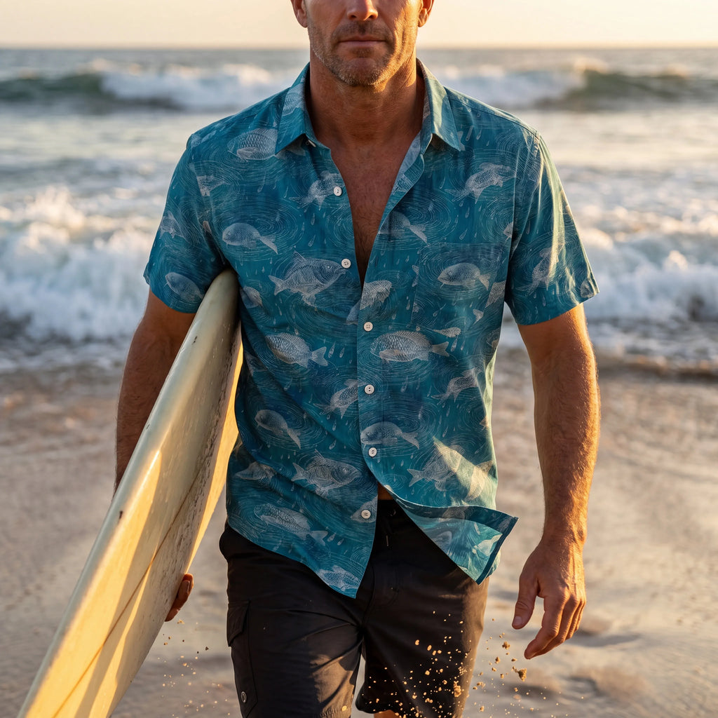 LeosWare® Men's Hawaiian Shirt Short Sleeve Button-up 100% Cotton Aloha Rain Falls On Green Pond By Ann