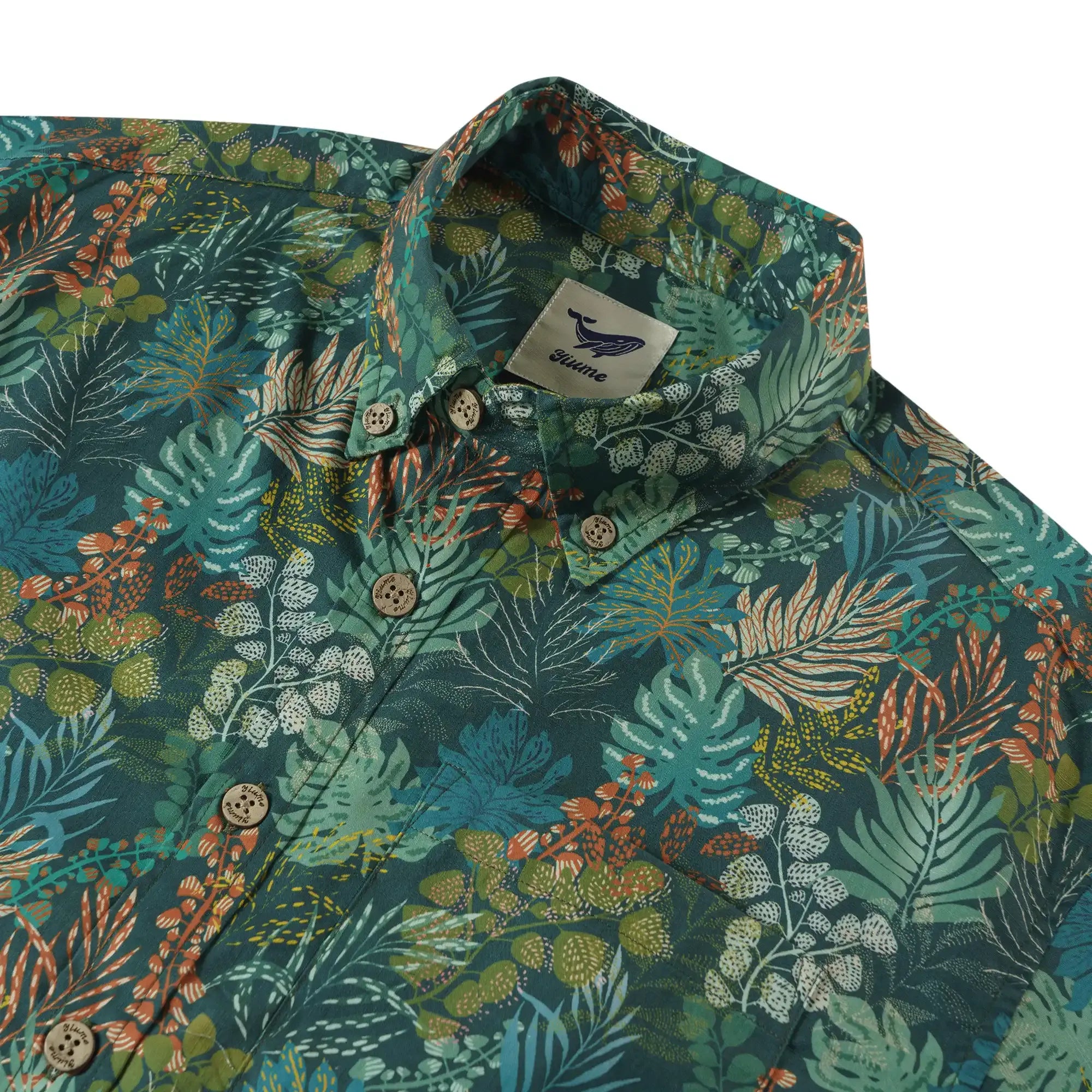 Men's Hawaiian Shirt Short Sleeve Button-down 100% Cotton Green Shirt Aloha Tropical Night Emerald Leaves By Annick