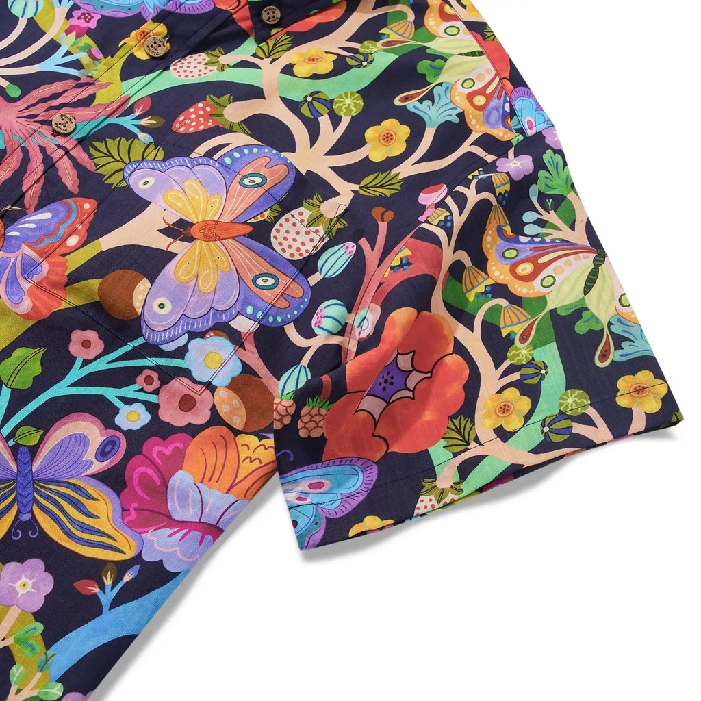 Men's Hawaiian Shirt Short Sleeve Button-down 100% Cotton Blue Aloha Dusk Butterfly Dance By Huan huan