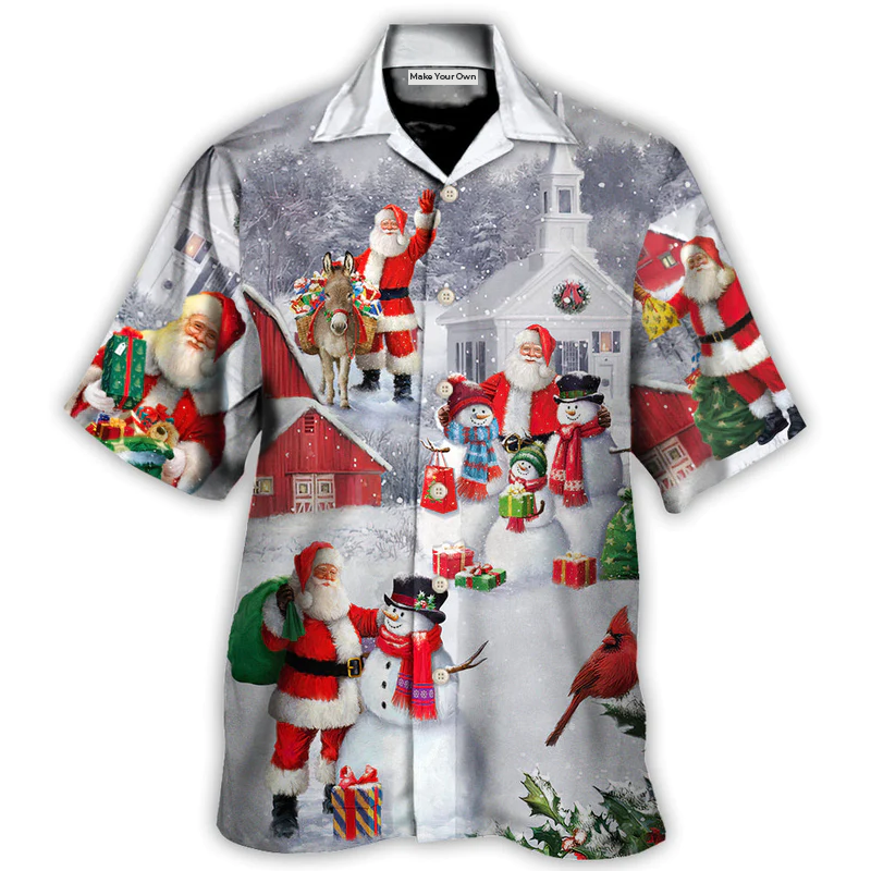 Christmas Santa Claus With Snowman Family In The Town Art Style - Hawaiian Shirt