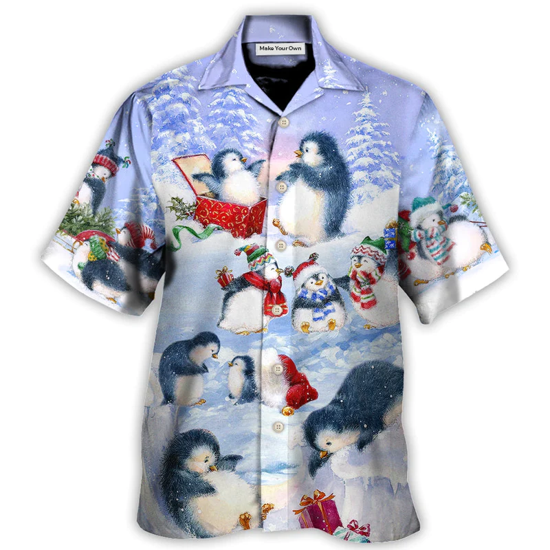 Christmas Penguin Family In Love Christmas Art Style - Hawaiian Shirt
