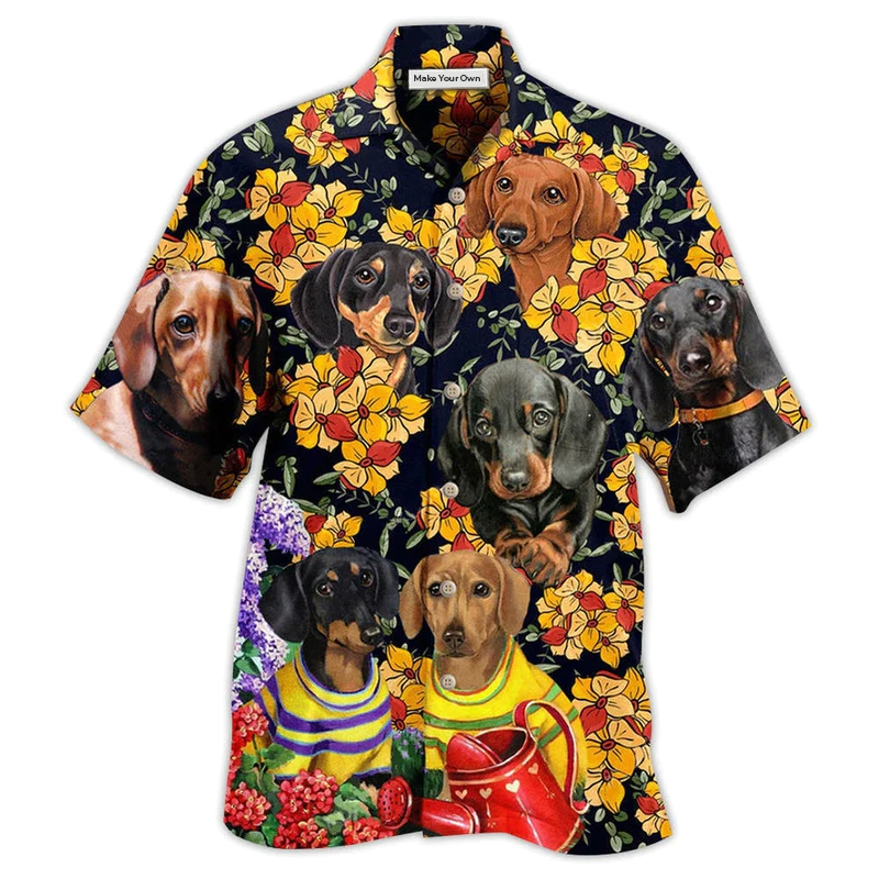 Dachshund And Flowers Black Style - Hawaiian Shirt