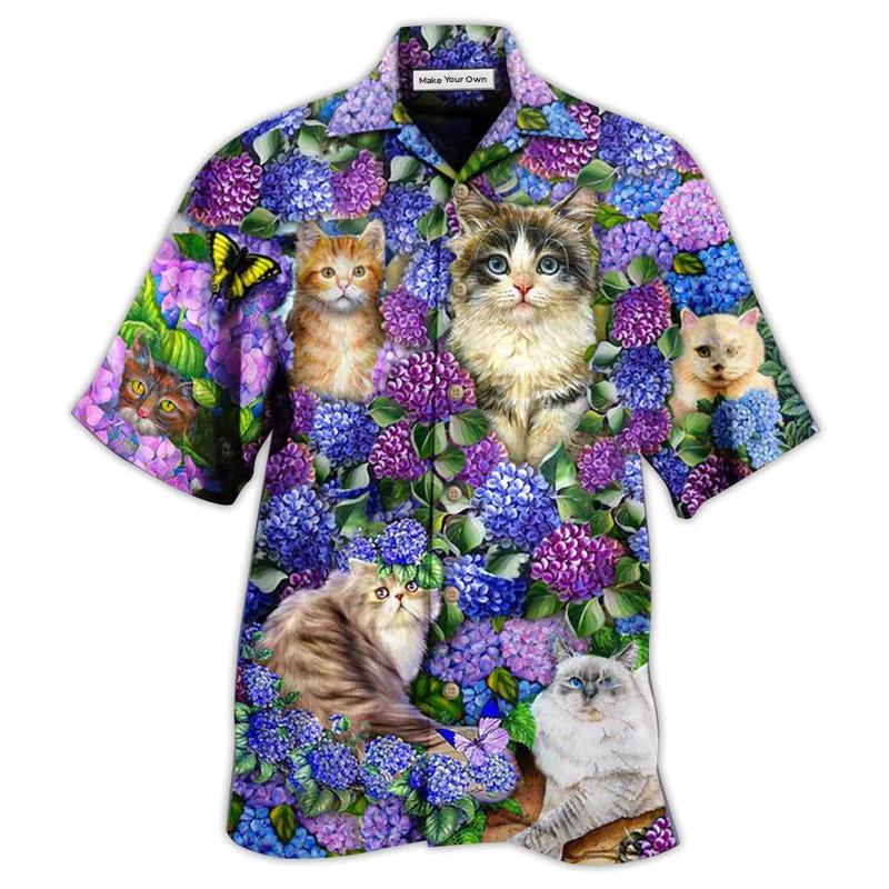 Cat Lovely And Purple Flowers - Hawaiian Shirt