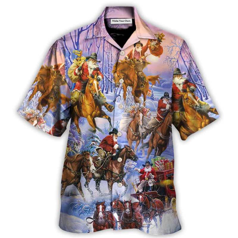 Christmas Santa And Horse Ho Ho Ho Everywhere Merry  Xmas - Hawaiian Shirt