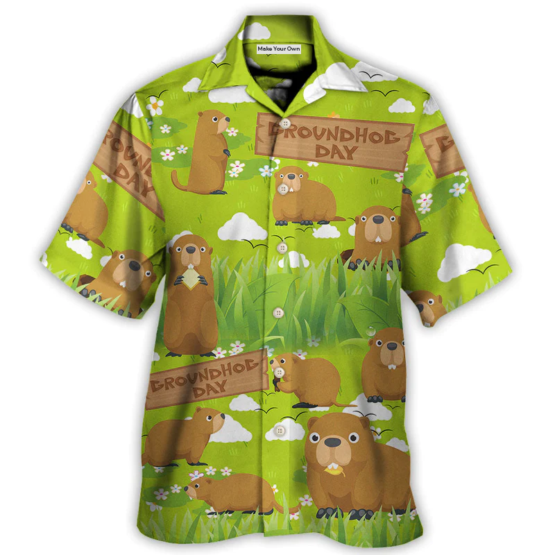 Groundhog Happy Day With Grass Flowers Garden - Hawaiian Shirt