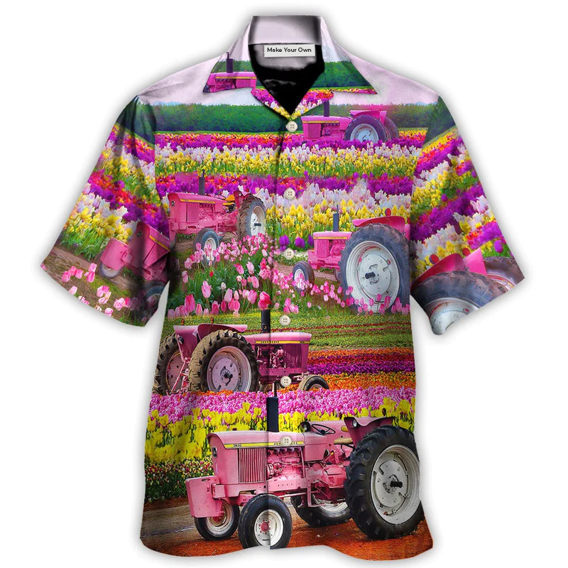 Tractor In Field Tulip Rural Landscape Majestically - Hawaiian Shirt
