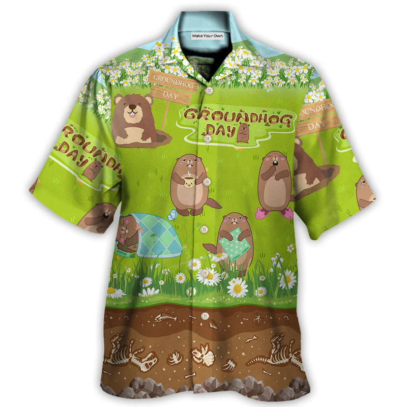Groundhog Day Happy Spring Day With Grass Flowers - Hawaiian Shirt