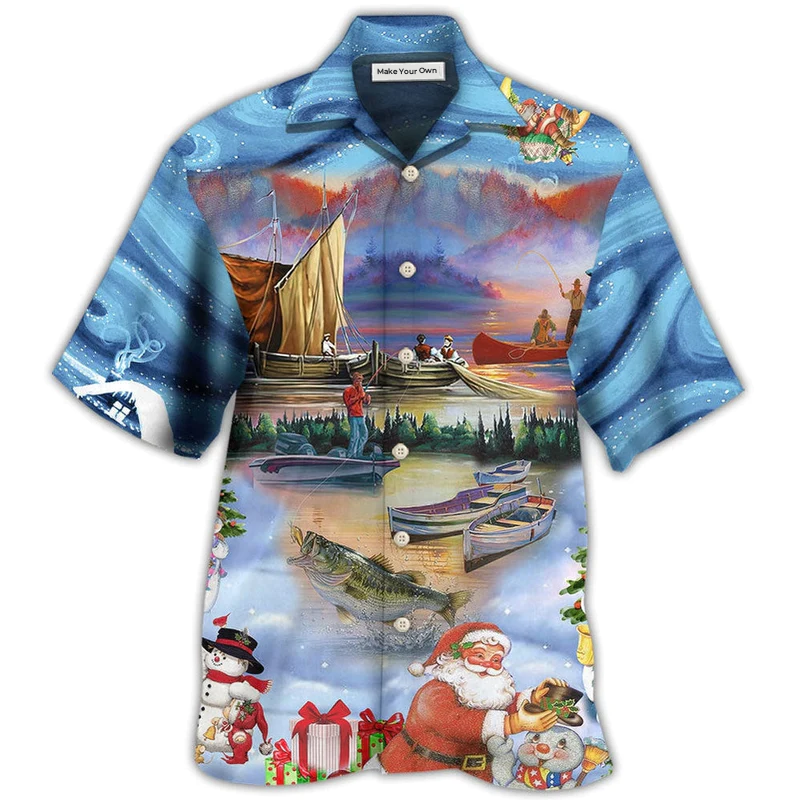 Fishing And Santa Claus Merry Christmas Happy - Hawaiian Shirt