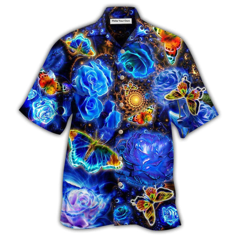 Butterfly Flower Glowing Blue Rose - Hawaiian Shirt