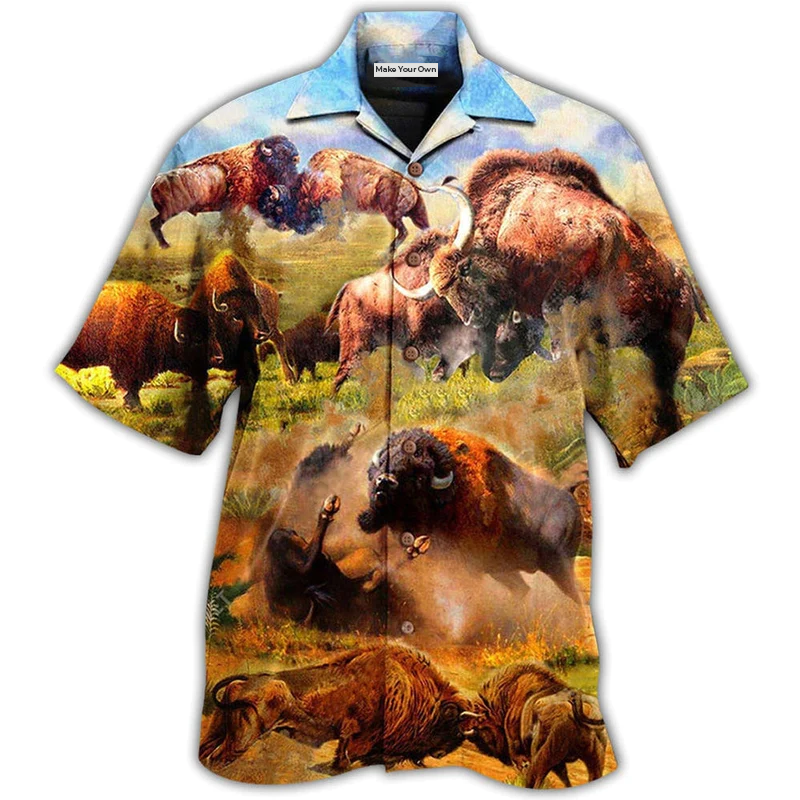 Bison Animals Bison In Wild Battle To Live - Hawaiian Shirt