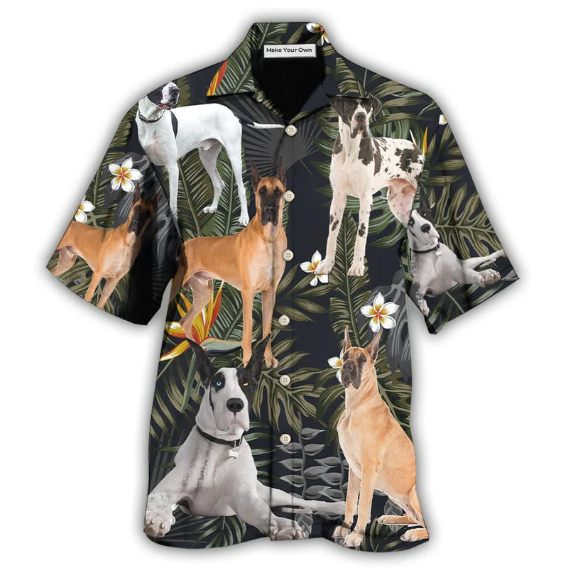 Great Dane Dog Tropical Leaf Black Style - Hawaiian Shirt