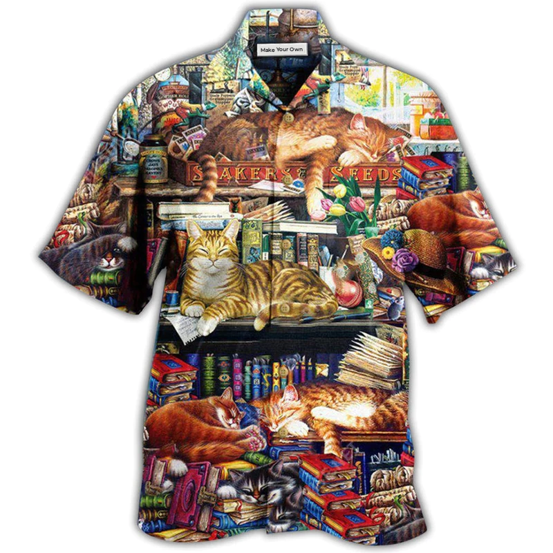 Cat Sleeping With Books Happiness Is A Good Book - Hawaiian Shirt