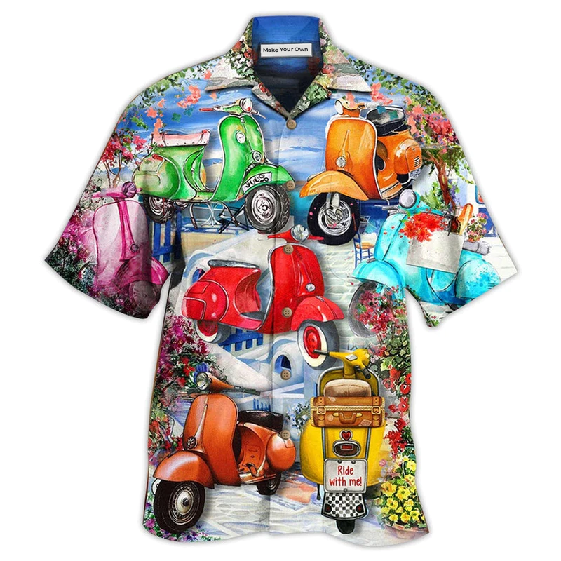 Scooter Chill With Your Scooters By Greece Beach With Flower- Hawaiian Shirt